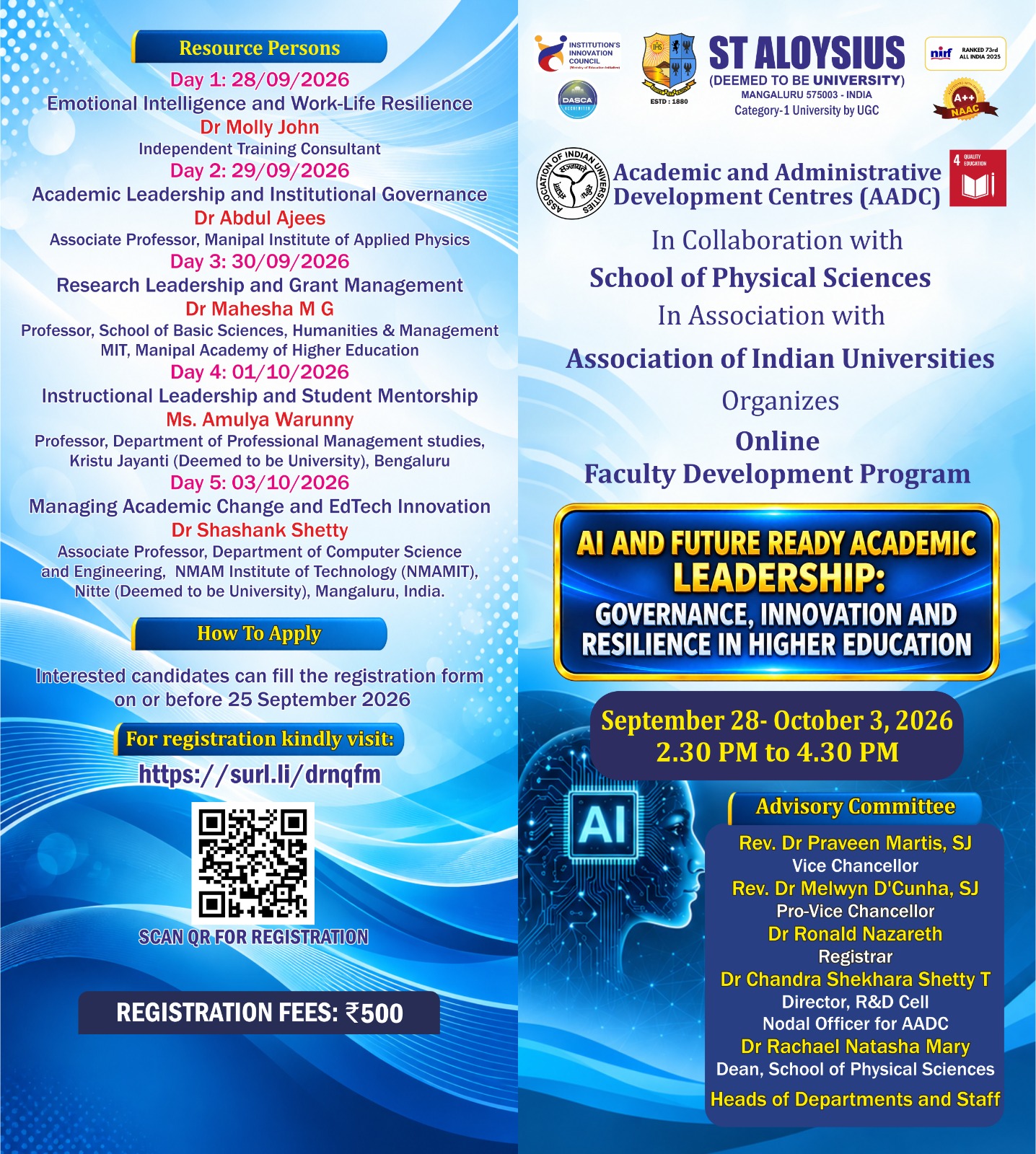 Five-Day Online FDP on "AI and Future Ready Academic Leadership: Governance, Innovation and Resilience in Higher Education.